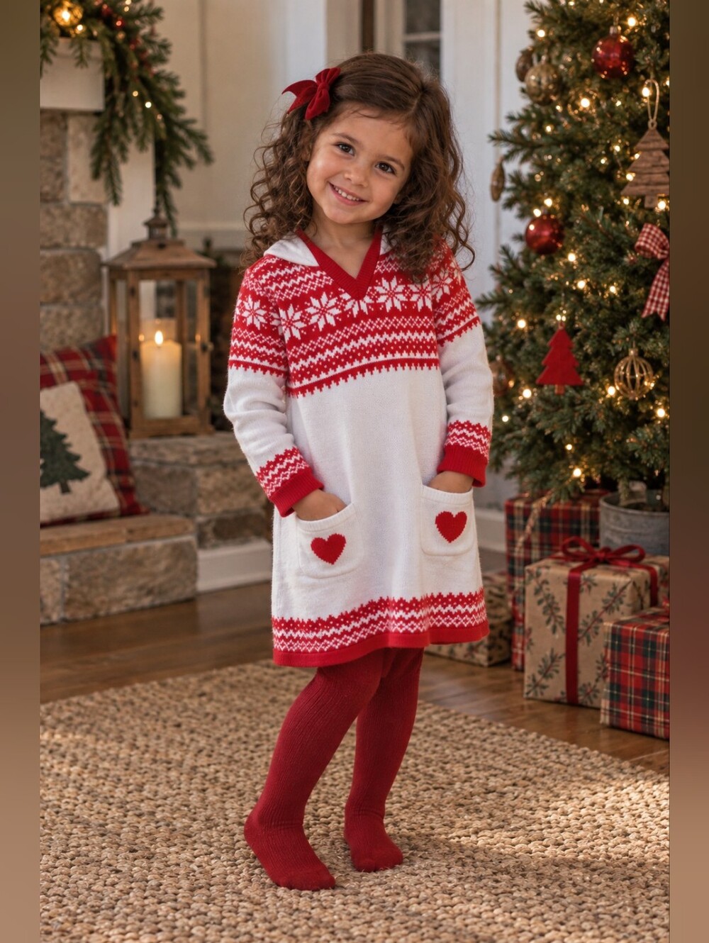 Red & White Fair Isle Hooded Knit Dress